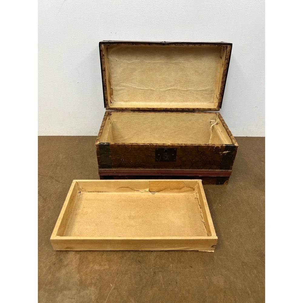 Antique Dollhouse Steamer Trunk w Tray Miniature Wood Slat Chest Vintage Box Old